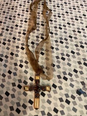 Antique-Style Cross Pendant Necklace in Bronze and Cream w/Amber stones